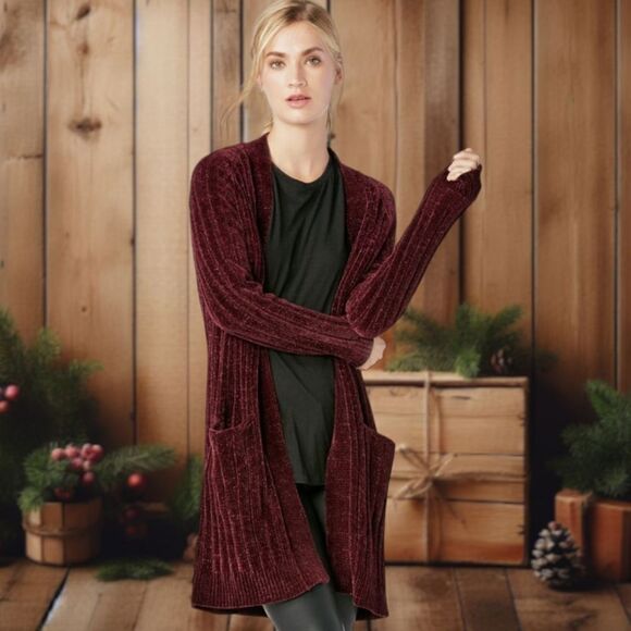 Matty M. Red Cable Knit Ribbed Velvety Soft Open Front Sweater Cardigain - Picture 2 of 8